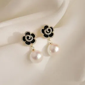 Trendy Rose Flower Pearl Drop Earrings 